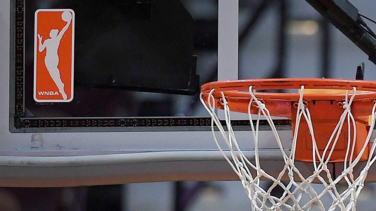 The WNBA logo is seen near a hoop before an WNBA basketball game at Mohegan Sun Arena, May 14, 2019, in Uncasville, Conn. (Jessica Hill/AP)