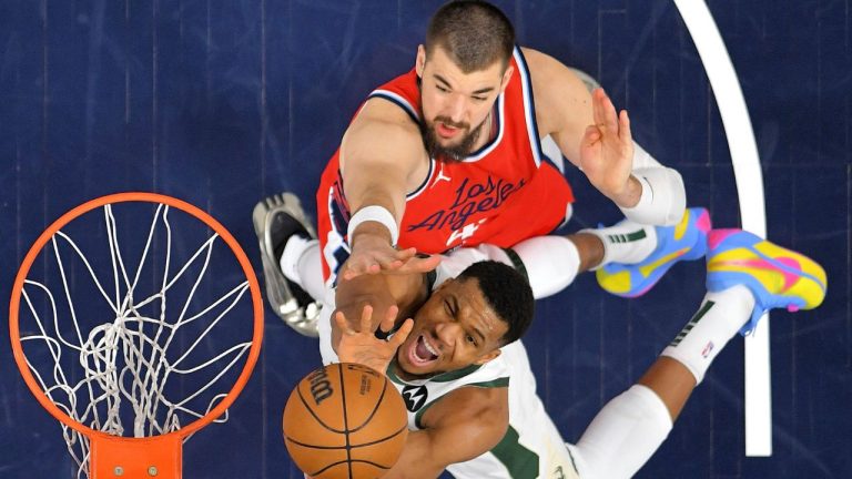 Milwaukee Bucks forward Giannis Antetokounmpo, below, shoots as Los Angeles Clippers centre Ivica Zubac defends during the second half of an NBA basketball game, Saturday, Jan. 25, 2025, in Inglewood, Calif. (Mark J. Terrill/AP)