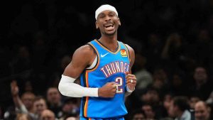 Oklahoma City Thunder's Shai Gilgeous-Alexander (2) celebrates after a teammate he passed the ball to hit a three-point shot during the second half of an NBA basketball game against the Brooklyn Nets Wednesday, March 18, 2026, in New York. (Frank Franklin II/AP)