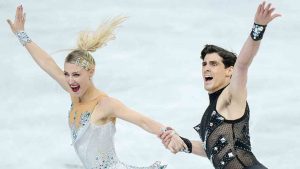 Piper Gilles and Paul Poirier from Canada perform during the ice dance rhythm dance at the Figure Skating World Championships in Prague, Czech Republic, Friday, March 27, 2026. (Petr David Josek/AP)