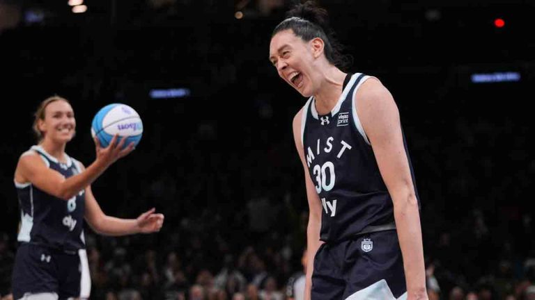 Mist BC wing Breanna Stewart (30) celebrates with teammate Alanna Smith (8) after scoring during the second half of a semifinal in an Unrivaled 3-on-3 basketball game against Breeze BC, Monday, March 2, 2026, in New York. (Frank Franklin II/AP)