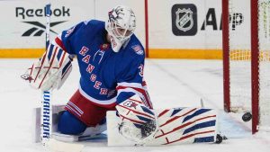 New York Rangers goaltender Igor Shesterkin (31) stops a shot during the first period of an NHL hockey game against the Ottawa Senators Monday, March 23, 2026, in New York. (Frank Franklin II/AP)