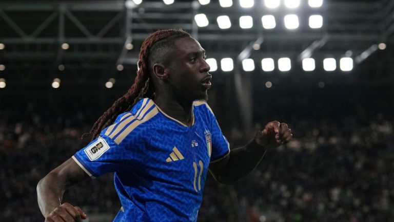 Italy's Moise Kean celebrates scoring his side's second goal during the World Cup qualifying play-off soccer match between Italy and Northern Ireland, in Bergamo, Italy, Thursday, March 26, 2026. (Antonio Calanni/AP)