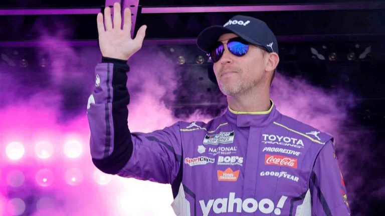 Denny Hamlin waves during driver introductions before a NASCAR Cup Series auto race at Las Vegas Motor Speedway Sunday, March 15, 2026, in Las Vegas. (Steve Marcus/AP)