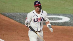 United States Aaron Judge gestures after striking out during the fourth inning in the championship game of the World Baseball Classic against Venezuela, Tuesday, March 17, 2026, in Miami. (Lynne Sladky/AP)