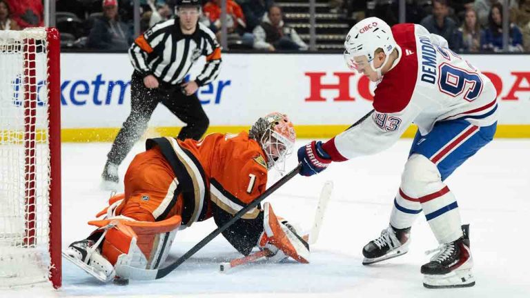 Anaheim Ducks goaltender Lukas Dostal (1) blocks the shot by Montreal Canadiens right wing Ivan Demidov during the second period of an NHL hockey game, Friday, March 6, 2026, in Anaheim, Calif. (Kyusung Gong/AP)