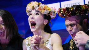 Lia Pereira and Trennt Michaud of Canada celebrate after performing during the pairs free skating at the Figure Skating World Championships in Prague, Czech Republic, Thursday, March 26, 2026. (Petr David Josek/AP)