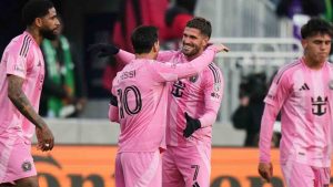 Inter Miami forward Lionel Messi (10) celebrates after his goal against D.C. United with midfielder Rodrigo de Paul (7) during the first half of an MLS soccer match, Saturday, March 7, 2026, in Baltimore. (Stephanie Scarbrough/AP)