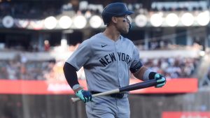 New York Yankees' Aaron Judge reacts after striking out against the San Francisco Giants during the first inning of a baseball game in San Francisco, Wednesday, March 25, 2026. (Jeff Chiu/AP)