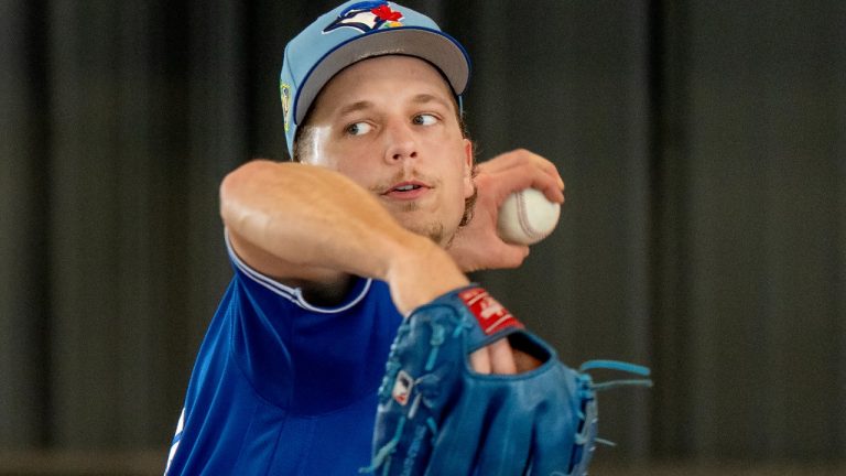Toronto Blue Jays pitcher Adam Macko throws a side at Spring Training in Dunedin, Fla., on Thursday, Feb. 19, 2026. THE CANADIAN PRESS/Frank Gunn