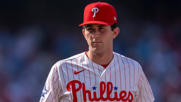 Philadelphia Phillies' Andrew Painter looks on prior to an opening-day baseball game against the Texas Rangers, Thursday, March 26, 2026, in Philadelphia. (Chris Szagola/AP)