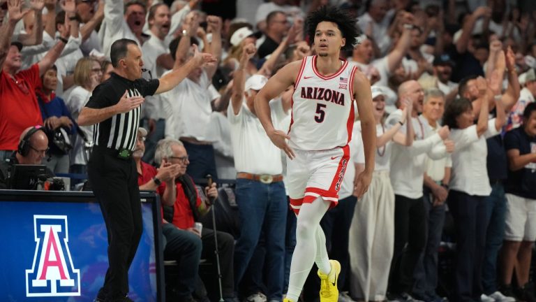 Arizona guard Brayden Burries reacts after scoring against Iowa State during the first half of an NCAA college basketball game, Monday, March 2, 2026, in Tucson, Ariz. (Rick Scuteri/AP)