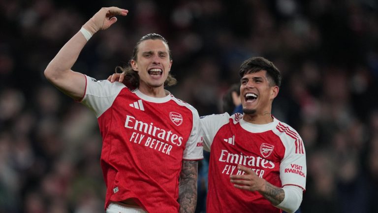 Arsenal's Riccardo Calafiori, left, and Piero Hincapie celebrate after the English Premier League soccer match between Arsenal and Everton in London, England, Saturday, March 14, 2026. (Kin Cheung/AP)