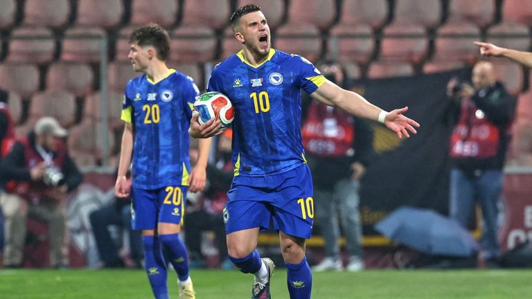 Bosnia's Ermedin Demirovic celebrates after Bosnia's Haris Tabakovic scored his side's first goal during the World Cup qualifying playoff final soccer match between Bosnia and Italy in Zenica, Bosnia, Tuesday, March 31, 2026. (Armin Durgut/AP)