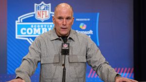 Baltimore Ravens general manager Eric DeCosta speaks during a press conference at the NFL football scouting combine in Indianapolis, Tuesday, Feb. 24, 2026. (Michael Conroy/AP)