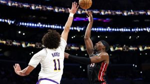 Miami Heat centre Bam Adebayo shoots against Los Angeles Lakers centre Jaxson Hayes during the second half of an NBA game, Sunday, Nov. 2, 2025, in Los Angeles. (AP/Jessie Alcheh)