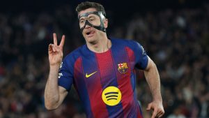 Barcelona's Robert Lewandowski celebrates after scoring his side's sixth goal during the Champions League round of 16, second leg soccer match between FC Barcelona and Newcastle United FC in Barcelona, Spain, Wednesday, March 18, 2026. (Joan Monfort/AP)