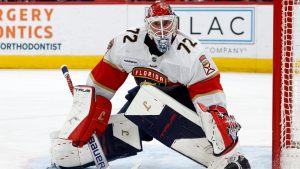 Florida Panthers goaltender Sergei Bobrovsky (72) watches the puck against the Carolina Hurricanes during the second period of an NHL hockey game in Raleigh, N.C., Friday, Jan. 16, 2026. (Karl DeBlaker/AP)