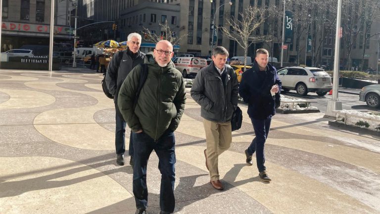 Bruce Meyer, chief negotiator, leads a players union bargaining team to negotiations at MLB offices Tuesday, Feb. 1, 2022, New York. Ian Penny is at rear left, Matt Nussbaum at centre right and Jeff Perconte is at far right. (Ron Blum/AP)