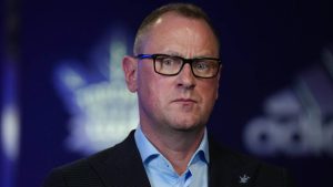 Toronto Maple Leafs newly-appointed general manager Brad Treliving does a television interview following a news conference in Toronto, on Thursday, June 1, 2023.THE CANADIAN PRESS/Chris Young