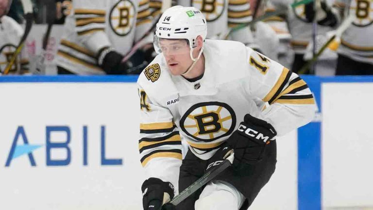 Boston Bruins defenseman Ian Mitchell (14) against the Tampa Bay Lightning during the first period of an NHL hockey game Monday, Nov. 20, 2023, in Tampa, Fla. (Chris O'Meara/AP)