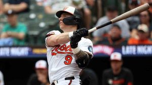 Baltimore Orioles' Tyler O'Neill takes a swing during the second inning of a baseball game against the Minnesota Twins, Thursday, May 15, 2025, in Baltimore (Daniel Kucin Jr./AP)