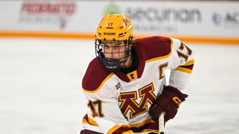 Minnesota forward Brody Lamb skates to the puck against Michigan Tech during an NCAA hockey game on Friday, Oct. 3, 2025 in Minneapolis. (Craig Lassig/AP)