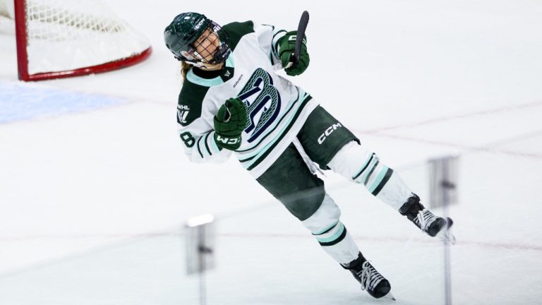 Boston Fleet’s Haley Winn (8) celebrates a goal on Ottawa Charge goaltender Gwyneth Philips (33), not pictured, during shootout PWHL hockey action in Ottawa, on Saturday, Dec. 27, 2025. THE CANADIAN PRESS/Spencer Colby