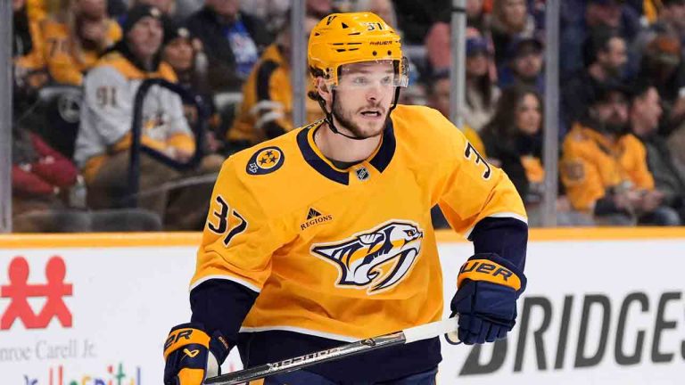 Nashville Predators defenceman Nick Blankenburg (37) plays during the first period of an NHL hockey game against the Edmonton Oilers, Tuesday, Jan. 13, 2026, in Nashville, Tenn. (George Walker IV/AP)