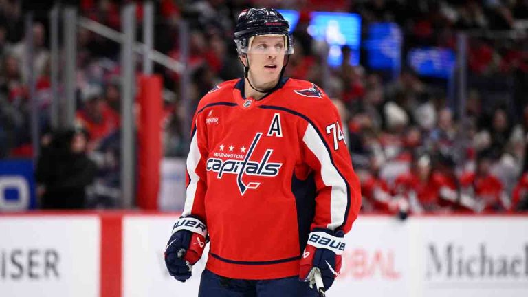 Washington Capitals defenseman John Carlson (74) looks on during the first period of an NHL hockey game against the San Jose Sharks, Thursday, Jan. 15, 2026, in Washington. (Nick Wass/AP)