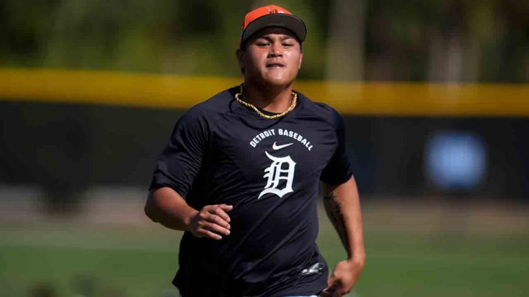 Detroit Tigers' Hao-Yu Lee runs during workouts at spring training baseball, Thursday, Feb. 19, 2026, in Lakeland. (Mike Stewart/AP)