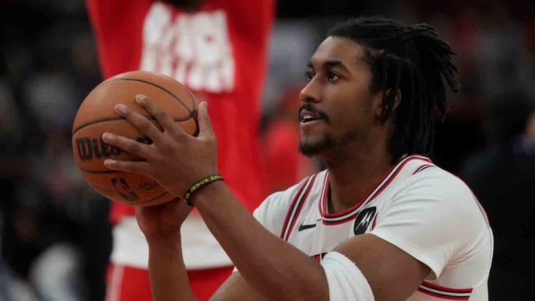 Chicago Bulls guard Jaden Ivey warms up before an NBA basketball game against the Toronto Raptors, Thursday, Feb. 19, 2026, in Chicago. (Erin Hooley/AP)