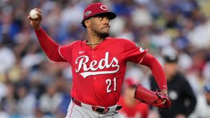 Cincinnati Reds starting pitcher Hunter Greene throws to a Los Angeles Dodgers batter during the first inning in Game 1 of the National League Wild Card baseball playoff series, Sept. 30, 2025, in Los Angeles. (Mark J. Terrill/AP)