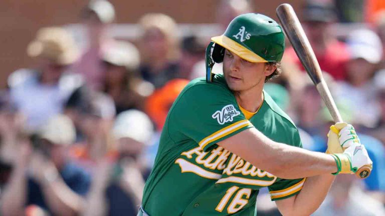 Athletics' Nick Kurtz checks his swing during the first inning of a spring training baseball game against the San Francisco Giants Monday, Feb. 23, 2026, in Scottsdale, Ariz. (Ross D. Franklin/AP)