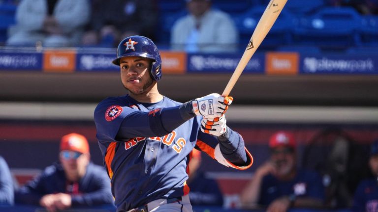 Houston Astros' Jeremy Peña fouls off a pitch during the second inning of a spring training baseball game against the New York Mets Tuesday, Feb. 24, 2026, in Port St. Lucie, Fla. (Jeff Roberson/AP)
