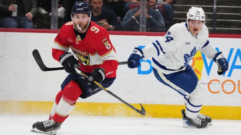 Florida Panthers centre Sam Bennett (9) skates with the puck as Toronto Maple Leafs centre Bobby McMann (74) defends during the first period of an NHL hockey game, Thursday, Feb. 26, 2026, in Sunrise, Fla. (Lynne Sladky/AP)