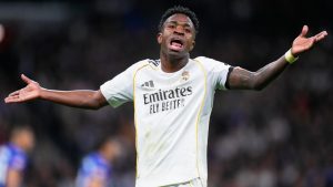 Real Madrid's Vinicius Junior reacts during a Spanish La Liga soccer match between Real Madrid and Getafe in Madrid, Spain, Monday, March 2, 2026. (Manu Fernandez/AP)