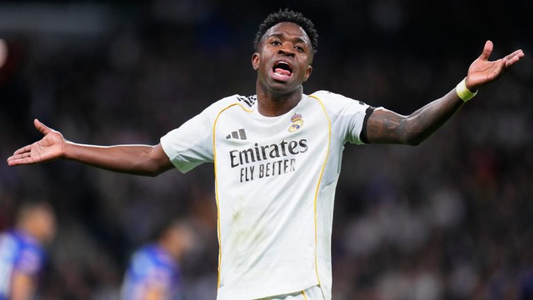 Real Madrid's Vinicius Junior reacts during a Spanish La Liga soccer match between Real Madrid and Getafe in Madrid, Spain, Monday, March 2, 2026. (Manu Fernandez/AP)