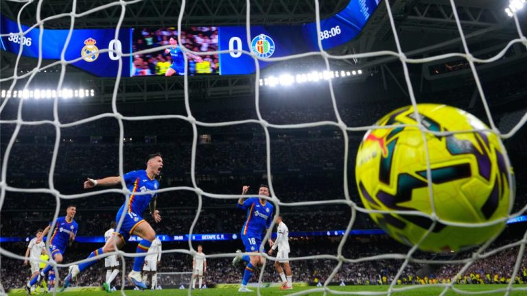 Getafe's Satriano celebrates the opening goal during a Spanish La Liga soccer match between Real Madrid and Getafe in Madrid, Spain, Monday, March 2, 2026. (Manu Fernandez/AP)