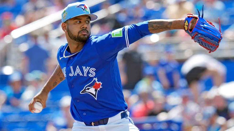 Toronto Blue Jays pitcher Angel Bastardo delivers to team Canada during the third inning of an exhibition baseball game Tuesday, March 3, 2026, in Dunedin, Fla. (Chris O'Meara/AP)