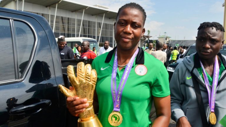 Nigeria'a goalkeeper Chiamaka Nnadozie, upon arrival at the Nnamdi Azikiwe International Airport in Abuja Nigeria, Monday, July 28, 2025. (Olamikan Gbemiga/AP)
