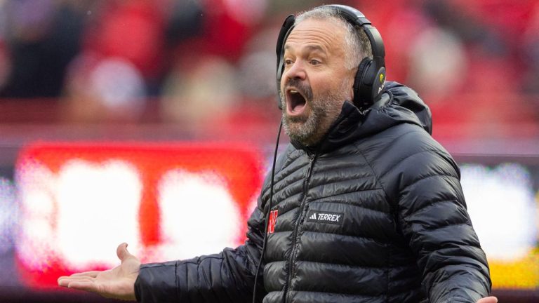 Nebraska head coach Matt Rhule disputes a referee's call after Nebraska made a safety against Iowa during the second half of an NCAA college football game Friday, Nov. 28, 2025, in Lincoln, Neb. (Rebecca S. Gratz/AP)