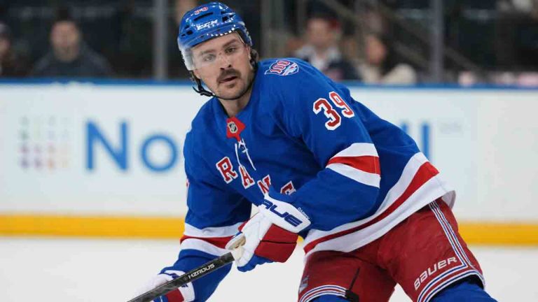 New York Rangers' Sam Carrick (39) during the first period of an NHL hockey game against the Pittsburgh Penguins Saturday, Feb. 28, 2026, in New York. (Frank Franklin II/AP)