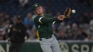 Australia's Curtis Mead throws to first base for an out on a Czech Republic's Martin Muzik bunt in the second inning of a World Baseball Classic game in Tokyo, Friday, March 6, 2026. (Hiro Komae/AP)