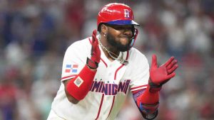 Dominican Republic's Vladimir Guerrero Jr. reacts after grounding out to score Ketel Marte during the first inning of a World Baseball Classic game against Nicaragua, Friday, March 6, 2026, in Miami. (Lynne Sladky/AP)