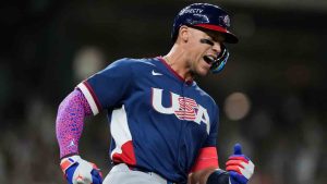 United States' Aaron Judge runs the bases after hitting a two-run home run during the first inning of a World Baseball Classic game against Brazil, Friday, March 6, 2026, in Houston. (Ashley Landis/AP)