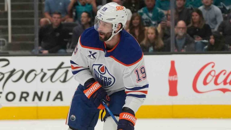 Edmonton Oilers center Adam Henrique (19) during an NHL hockey game against the San Jose Sharks in San Jose, Calif., Saturday, Feb. 28, 2026. (Jeff Chiu/AP)