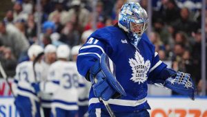 Toronto Maple Leafs goaltender Anthony Stolarz (41) reacts after getting scored on by the Tampa Bay Lightning during first period NHL action in Toronto, on Saturday, March 7, 2026. (Frank Gunn/CP)