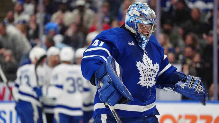 Toronto Maple Leafs goaltender Anthony Stolarz (41) reacts after getting scored on by the Tampa Bay Lightning during first period NHL action in Toronto, on Saturday, March 7, 2026. (Frank Gunn/CP)