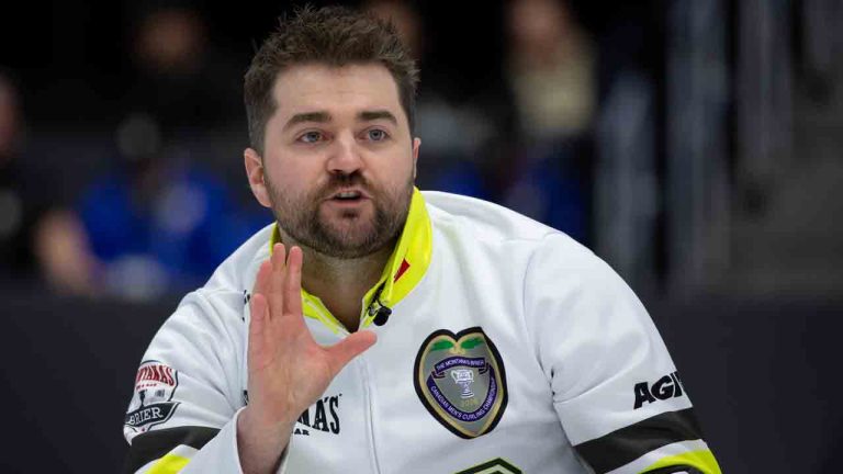 Matt Dunstone, skip of Team Manitoba-Dunstone calls to his team during the 1 vs. 2 playoffs at the Montana's Brier Canadian men's curling championship, in St. John's, N.L., on Saturday, March 7, 2026. (Paul Daly/CP)
